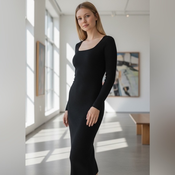 RSQ Dresses & Skirts - RSQ Chic Black Ribbed Long‎ Sleeve Maxi Bodycon Minimalist Dress XL